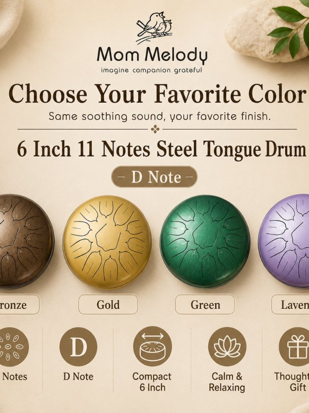 Gold Steel Tongue Drum 6" 11 Notes D Key | Meditation & Relaxing Sound Gift - Picture 7 of 11